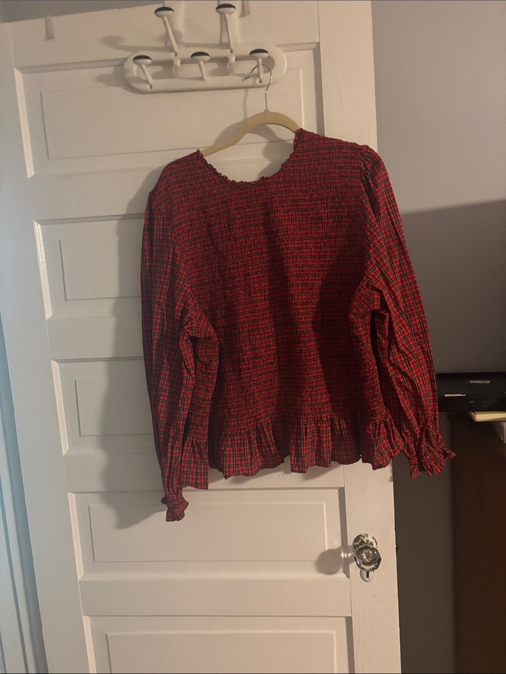 Women's Red Plaid Long-Sleeve Ruffle Hem Top